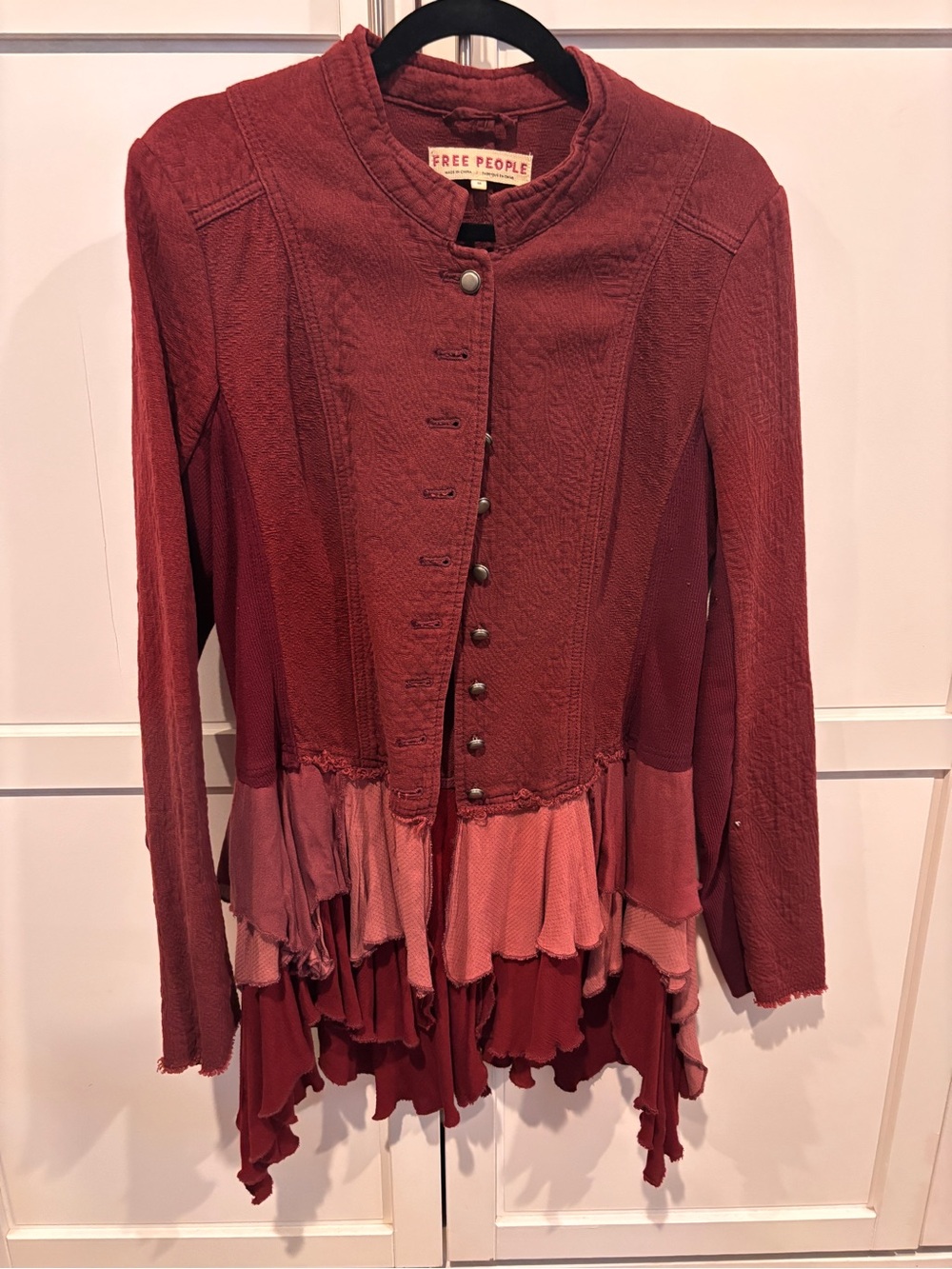 Free People Layered Ruffle Jacket in Burgundy and Rose